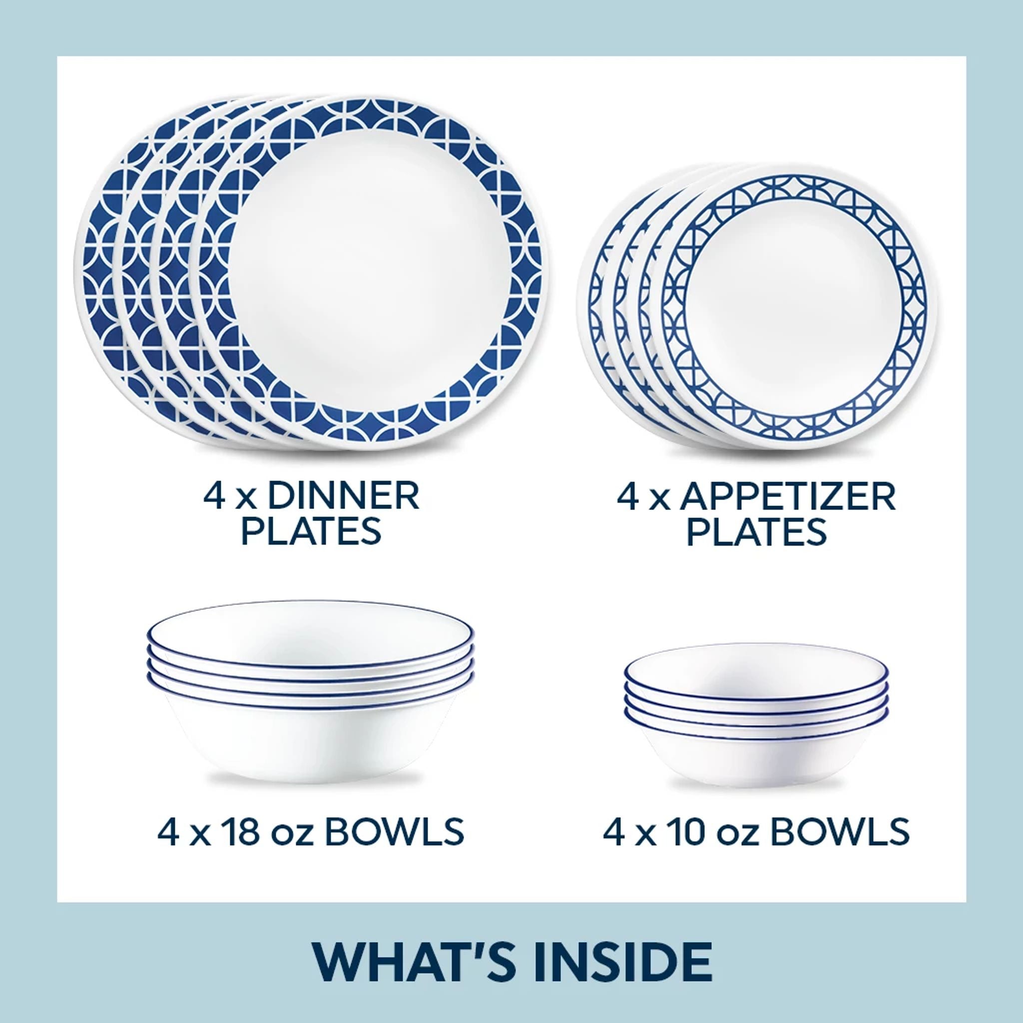 Corelle? Cobalt Circles 16-piece Mugless Dinnerware Set. Service of 4 - Image 2