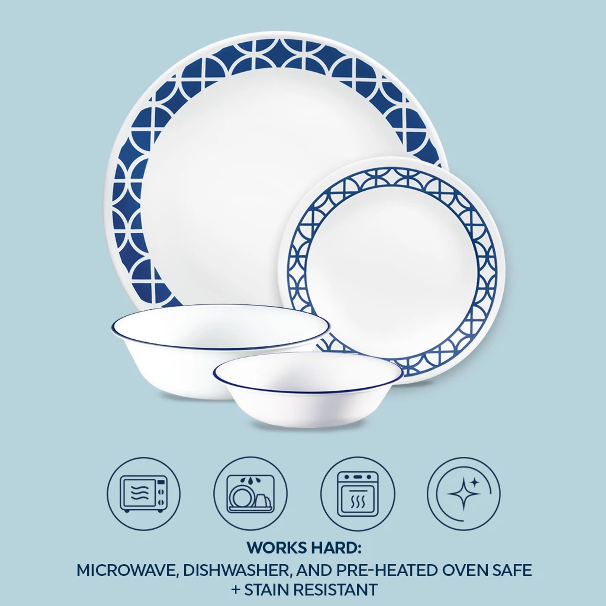 Corelle® Cobalt Circles 16-piece Mugless Dinnerware Set. Service of 4 - Image 5