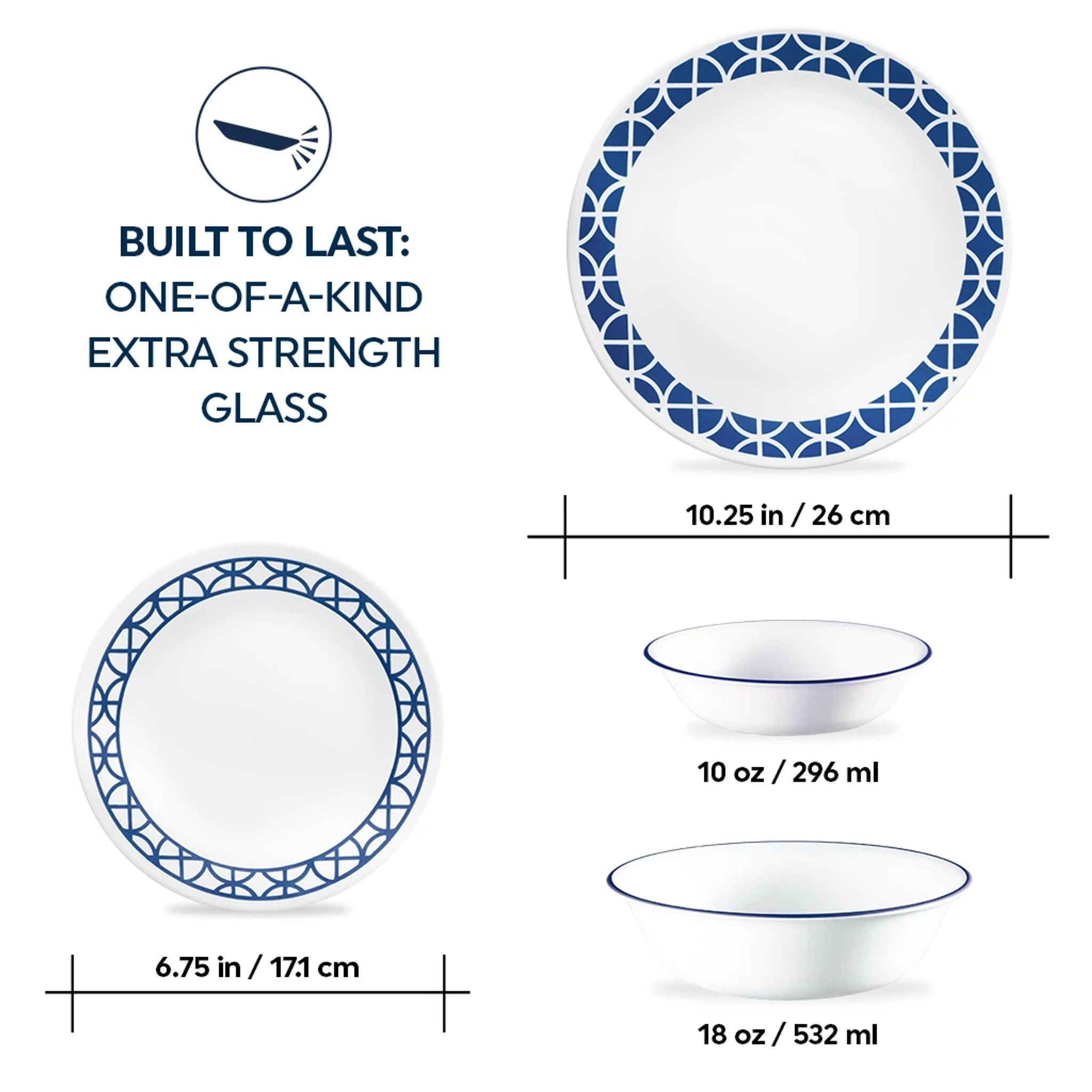 Corelle® Cobalt Circles 16-piece Mugless Dinnerware Set. Service of 4 - Image 3
